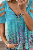 Sky Blue Women's T-shirts Floral Cutout Zip T-shirt LC25211028-4