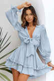 Sky Blue Womens Deep V Neck Lantern Sleeve Knotted Tiered Mini White Dress LC227391-4