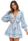 Sky Blue Womens Deep V Neck Lantern Sleeve Knotted Tiered Mini White Dress LC227391-4