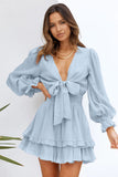 Sky Blue Womens Deep V Neck Lantern Sleeve Knotted Tiered Mini White Dress LC227391-4