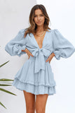 Sky Blue Womens Deep V Neck Lantern Sleeve Knotted Tiered Mini White Dress LC227391-4