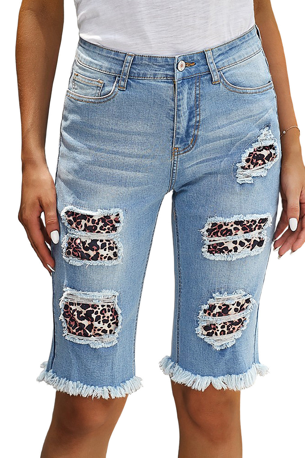 Leopard Mid Rise Ripped Destroyed Patches Bermuda Shorts Jeans LC781578-20