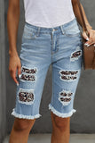 Leopard Mid Rise Ripped Destroyed Patches Bermuda Shorts Jeans LC781578-20