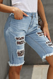 Leopard Mid Rise Ripped Destroyed Patches Bermuda Shorts Jeans LC781578-20