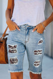 Leopard Mid Rise Ripped Destroyed Patches Bermuda Shorts Jeans LC781578-20