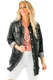 LC8511533-2-S, LC8511533-2-M, LC8511533-2-L, LC8511533-2-XL, LC8511533-2-2XL, Black Women's Oversized Denim Jacket Boyfriend Distressed Jean Trucker Jacket