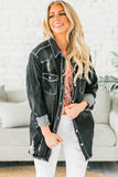 LC8511533-2-S, LC8511533-2-M, LC8511533-2-L, LC8511533-2-XL, LC8511533-2-2XL, Black Women's Oversized Denim Jacket Boyfriend Distressed Jean Trucker Jacket