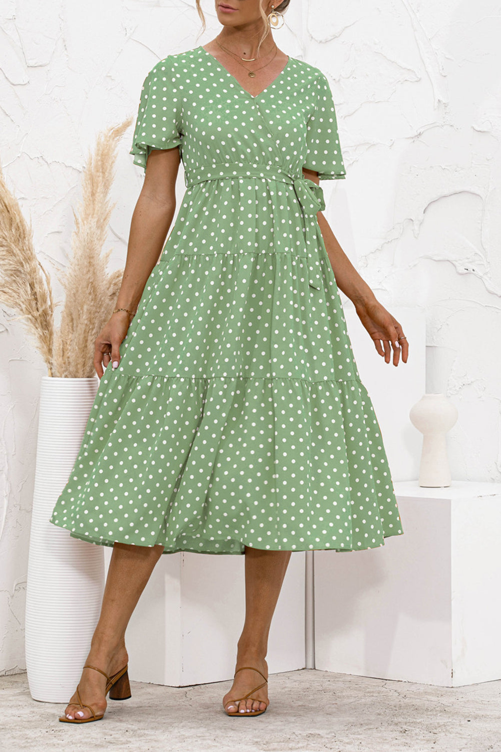 Green Women's Dresses Floral Polka Dot Belted Midi Dress LC229317-9