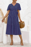 Blue Women's Dresses Floral Polka Dot Belted Midi Dress LC229317-5