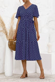 Blue Women's Dresses Floral Polka Dot Belted Midi Dress LC229317-5
