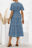 Sky Blue Women's Dresses Floral Polka Dot Belted Midi Dress LC229317-4