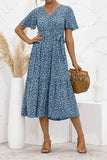 Sky Blue Women's Dresses Floral Polka Dot Belted Midi Dress LC229317-4