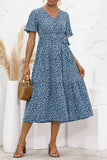 Sky Blue Women's Dresses Floral Polka Dot Belted Midi Dress LC229317-4