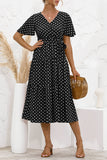 Black Women's Dresses Floral Polka Dot Belted Midi Dress LC229317-2