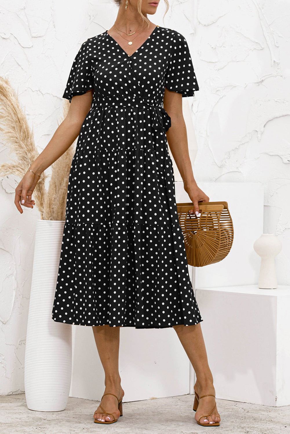 Black Women's Dresses Floral Polka Dot Belted Midi Dress LC229317-2