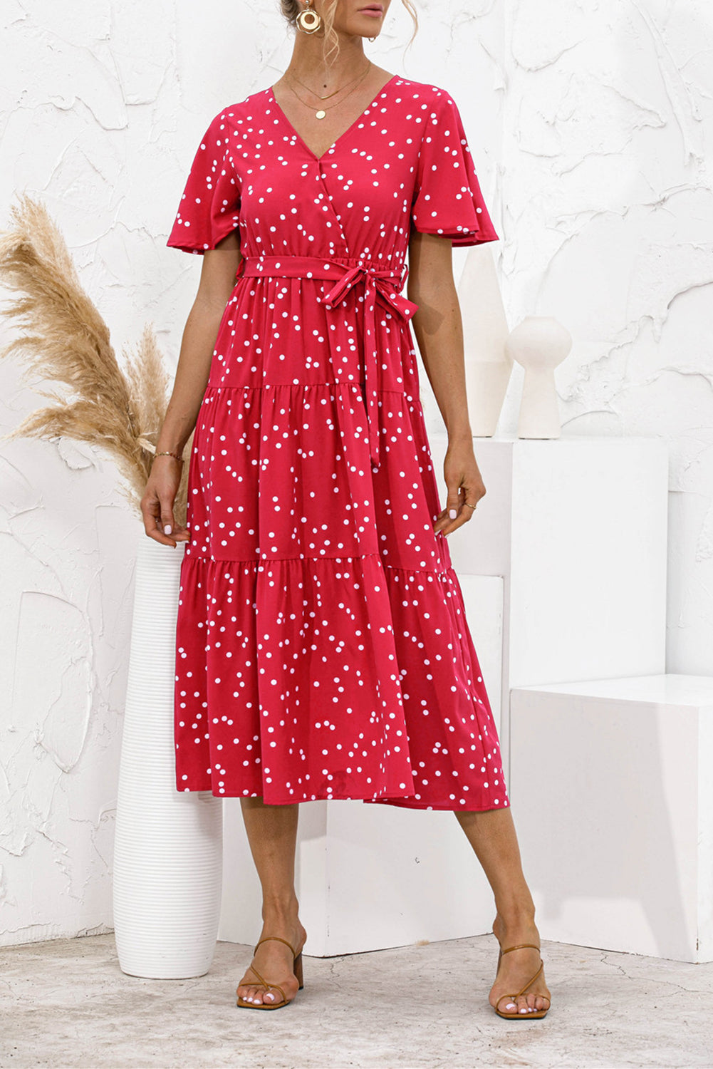 Red Women's Dresses Floral Polka Dot Belted Midi Dress LC229317-103