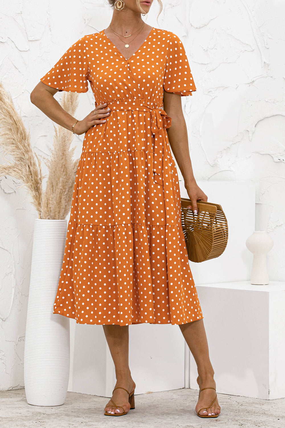 Yellow Women's Dresses Floral Polka Dot Belted Midi Dress LC229317-7