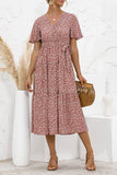 Red Women's Dresses Floral Polka Dot Belted Midi Dress LC229317-3