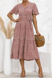 Red Women's Dresses Floral Polka Dot Belted Midi Dress LC229317-3
