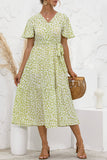 Green Women's Dresses Floral Polka Dot Belted Midi Dress LC229317-109