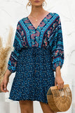 Blue Women's Dresses Floral Tribal Belted Mini Dress LC229318-5