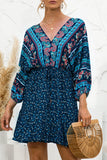 Blue Women's Dresses Floral Tribal Belted Mini Dress LC229318-5