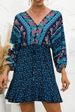 Blue Women's Dresses Floral Tribal Belted Mini Dress LC229318-5