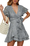 Gray White Mini Dress Wrap V Neck Floral Lace Short Dress LC224799-9