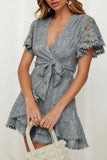 Gray White Mini Dress Wrap V Neck Floral Lace Short Dress LC224799-9