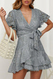 Gray White Mini Dress Wrap V Neck Floral Lace Short Dress LC224799-9