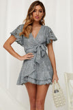 Gray White Mini Dress Wrap V Neck Floral Lace Short Dress LC224799-9