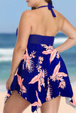 Blue Women's Tankinis Plus Floral Irregular Backless Ruffled Swimdress Tankini LC415289-5