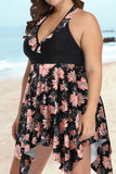 Black Women's Tankinis Plus Floral Irregular Backless Ruffled Swimdress Tankini LC415289-2