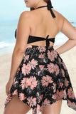 Black Women's Tankinis Plus Floral Irregular Backless Ruffled Swimdress Tankini LC415289-2