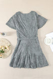 Gray White Mini Dress Wrap V Neck Floral Lace Short Dress LC224799-9