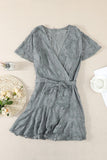 Gray White Mini Dress Wrap V Neck Floral Lace Short Dress LC224799-9