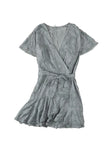 Gray White Mini Dress Wrap V Neck Floral Lace Short Dress LC224799-9