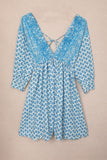 LC221873-4-S, LC221873-4-M, LC221873-4-L, LC221873-4-XL, Sky Blue Bohemian 3/4 Sleeve V Neck Vintage Mini Dress for Women