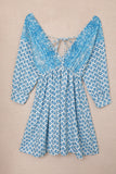 LC221873-4-S, LC221873-4-M, LC221873-4-L, LC221873-4-XL, Sky Blue Bohemian 3/4 Sleeve V Neck Vintage Mini Dress for Women