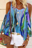 Blue Women's Blouses Tribal Print Cold Shoulder Blouse LC2519621-5