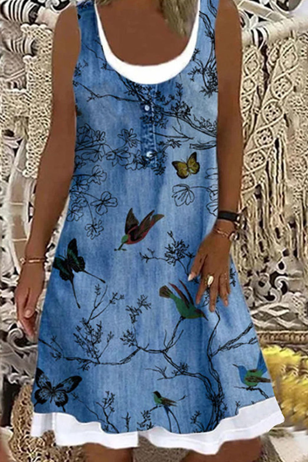 Blue Women's Dresses Butterfly Bird Print Denim Mini Dress LC229424-5