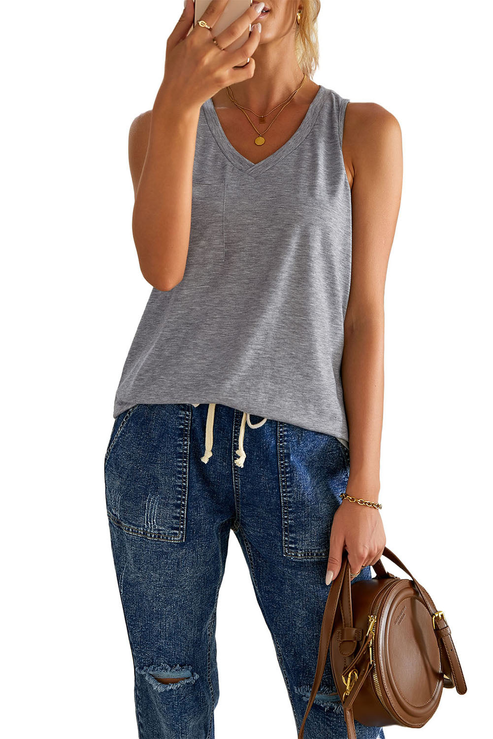 Gray Casual V Neck Racerback Tank Top with Pocket LC256544-11