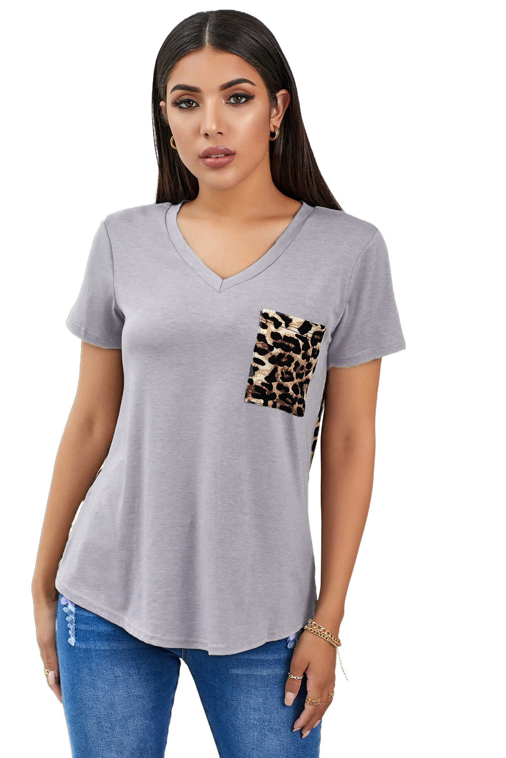 Gray Women's Leopard Printed Short Sleeve T-Shirt Blouse LC253578-11