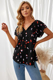 Black V Neck Short Sleeve Print Floral Blouses Shirts LC2514201-102