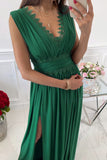 Green Crochet V Neck Maxi Dress Sleeveless Pleated High Waist Long Dress LC615797-9