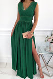 Green Crochet V Neck Maxi Dress Sleeveless Pleated High Waist Long Dress LC615797-9