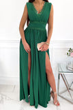 Green Crochet V Neck Maxi Dress Sleeveless Pleated High Waist Long Dress LC615797-9