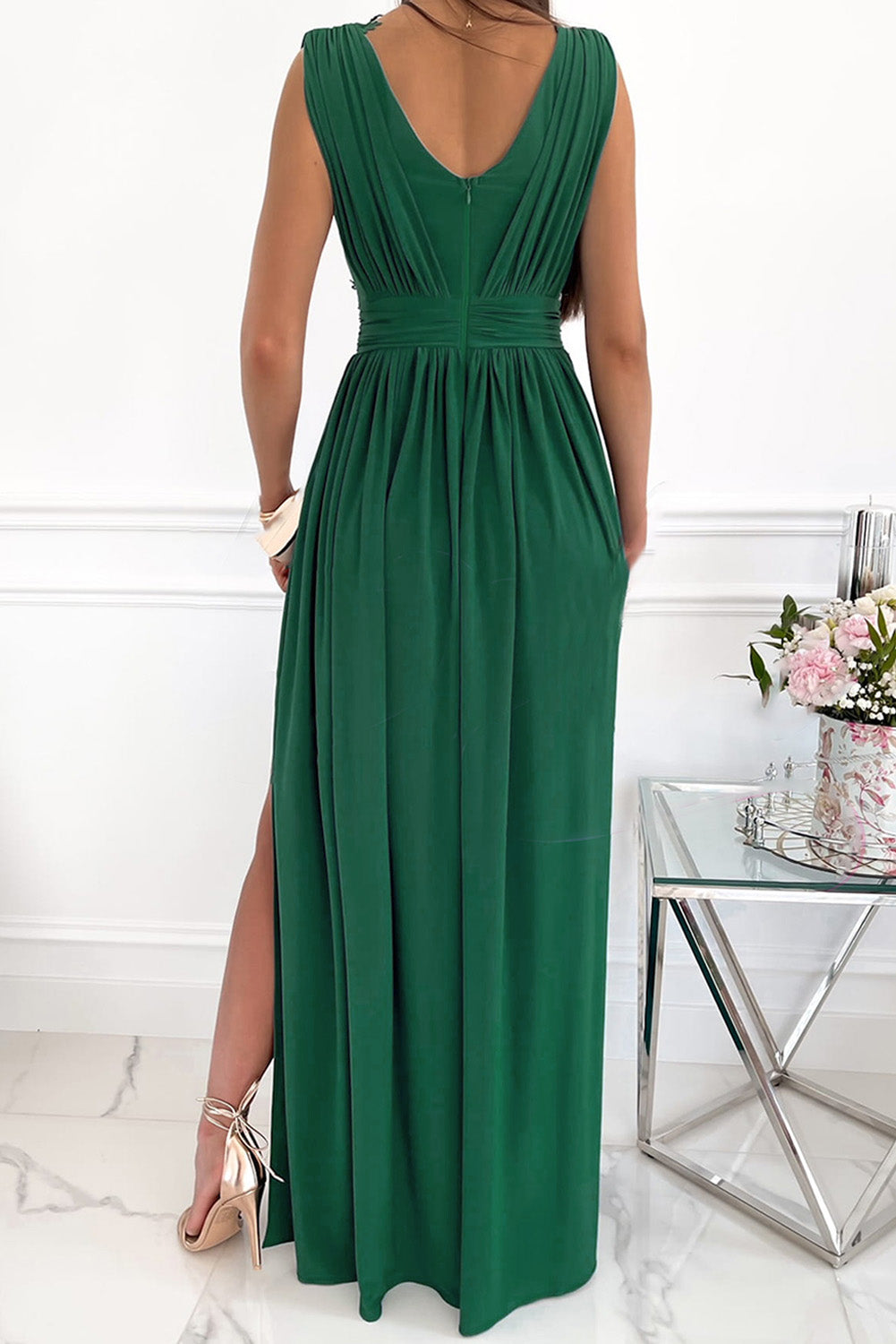 Green Crochet V Neck Maxi Dress Sleeveless Pleated High Waist Long Dress LC615797-9