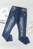 Green Floral Leopard Ripped Boyfriend Distressed Denim Pants Jeans LC782289-9