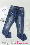Green Floral Leopard Ripped Boyfriend Distressed Denim Pants Jeans LC782289-9